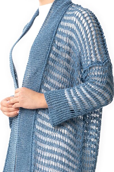 Eliş Şile Bezi Ümran Ajurlu Indigo Довгий трикотажний кардиган - Осінь та зима, довгі рукави