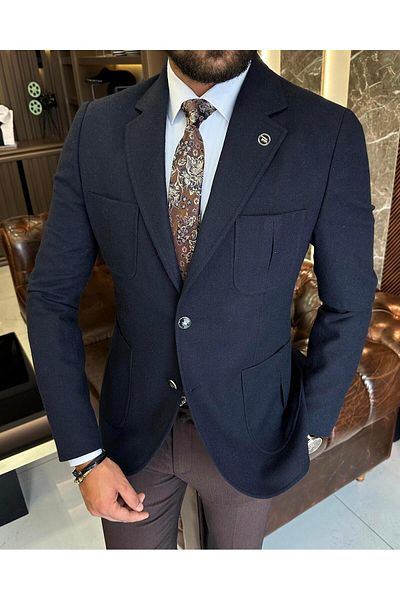TerziAdemAltun Navy Blue Italian Style Slim Fit Mono Collar Men's Jacket - T9876