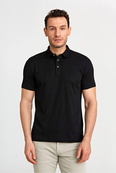 Bisse Mercerized Pique Polo Neck Black Men's T-Shirt