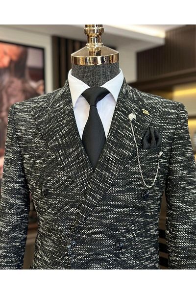 TerziAdemAltun Italian style slim fit double breasted men's jacket black T10964