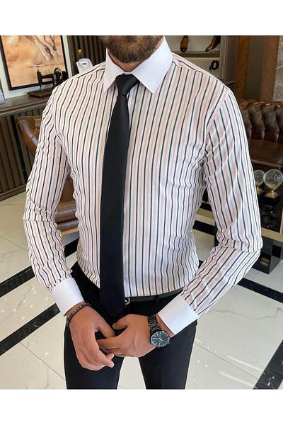 TerziAdemAltun Italian style slim fit striped men's tie collar shirt white T9234