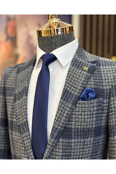 TerziAdemAltun Italian style slim fit mono collar plaid men's jacket navy blue T10746