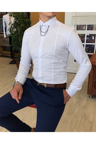 TerziAdemAltun Italian Cut Slim Men's Satin White Chain Shirt T4091