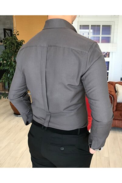 TerziAdemAltun İtalyan Stil Slim Fit Dik Yaka Saten Erkek Gömlek Koyu Gri T4737