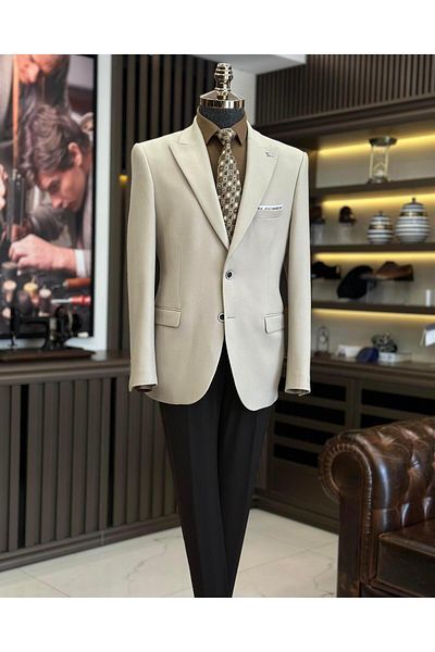 TerziAdemAltun Italian style slim fit peaked collar men's jacket beige T10014