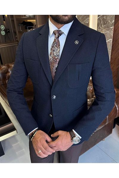 TerziAdemAltun Navy Blue Italian Style Slim Fit Mono Collar Men's Jacket - T9876