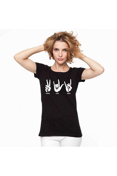 Tshirthane Tricou negru pentru femei, cu imprimeu slim, Love Rock