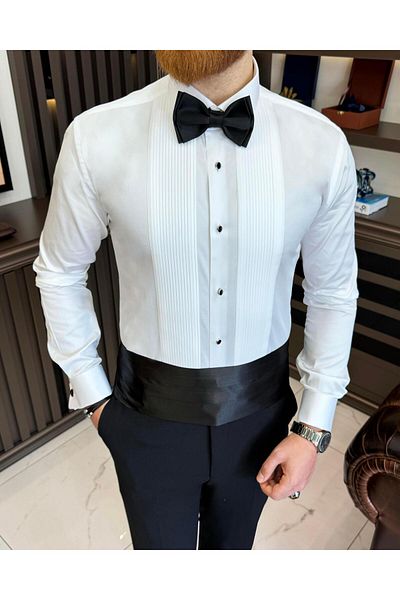 TerziAdemAltun Italian Style Slim Fit Tie Collar Pleated Double Cuff Men's Shirt White T11604