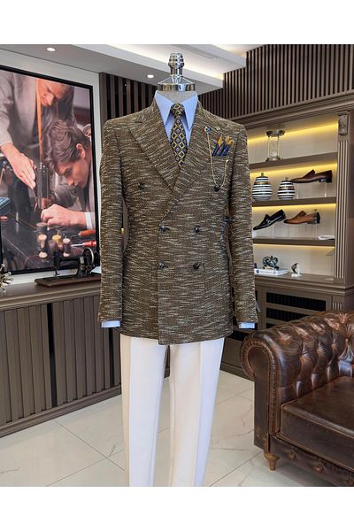 TerziAdemAltun Italian style slim fit double breasted men's jacket brown T10963
