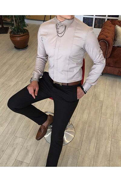 TerziAdemAltun Men's Satin Beige Chain Italian Cut Shirt - T4095