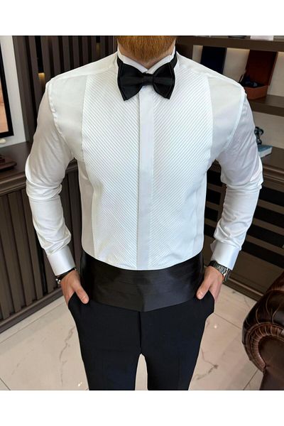 TerziAdemAltun Italian style slim fit horse collar pleated men's shirt white T11602