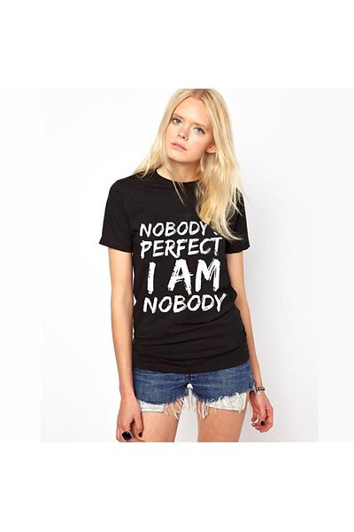 Tshirthane Tricou negru pentru femei, cu imprimeu slim fit, Nobody