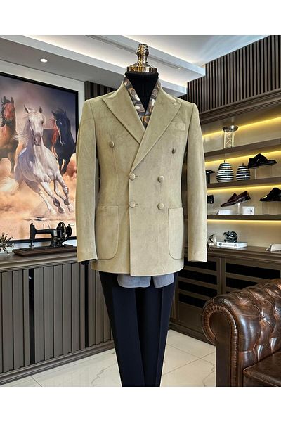 TerziAdemAltun Italian style velvet double-breasted men's single jacket Beige T11029