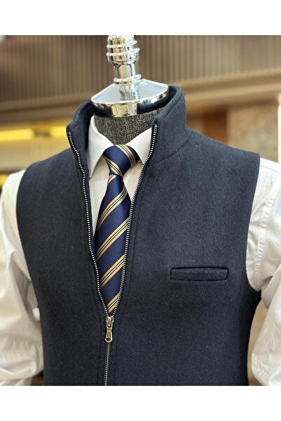 TerziAdemAltun Italian style dominant collar zippered pocket vest navy blue T10466