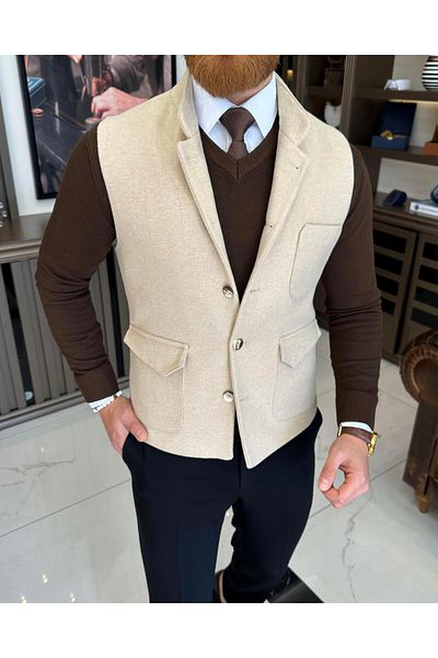 TerziAdemAltun Italian style slim fit prevailing collar stamped pocket vest beige T10540