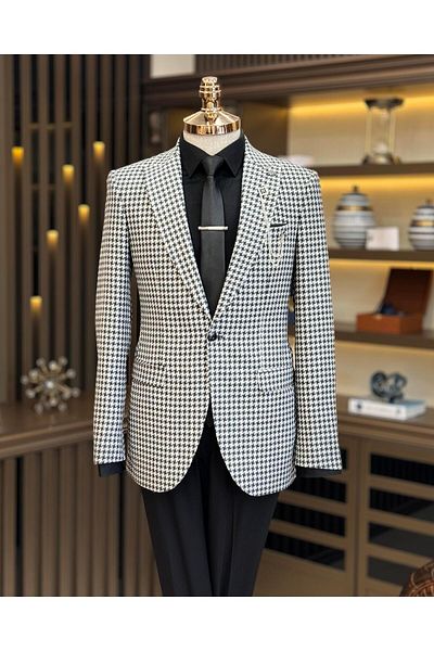 TerziAdemAltun Jachetă pentru bărbați în stil italian slim fit cu model picioare de găină neagră T11500