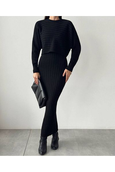 My Blog Rochie tricotată pulover din două piese Martha neagră