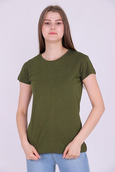 Tshirthane Χακί Πράσινο Χρώμα 100% Cotton Crew Neck Basic Unprinted Γυναικείο πλεκτό κοντομάνικο μπλουζάκι