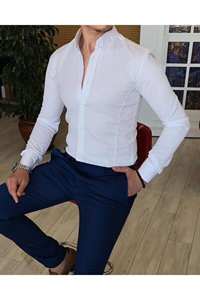 TerziAdemAltun Italian Style Slim Fit Stand Collar Satin Men's Shirt White T4754