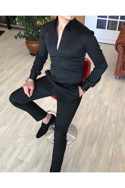 TerziAdemAltun Мъжка риза от сатен, италиански стил, с прилепнала кройка и яка стойка, черна, T4739