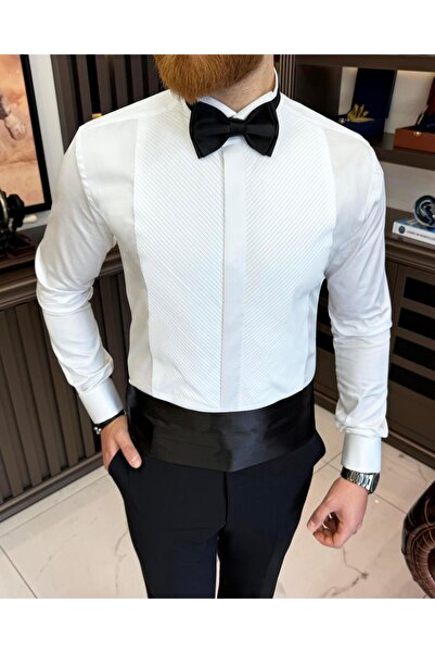 TerziAdemAltun Ανδρικό πουκάμισο με πλισέ γιακά με λεπτή εφαρμογή ιταλικού στυλ λευκό T11602