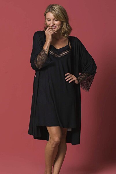 MONAMİSE 18155 Set cămașă de noapte și halat pentru femei -Negru