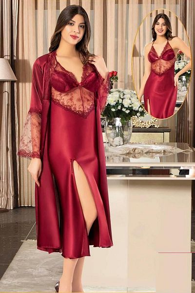Xses 2111 Women's Burgundy Satin Chemise Lace Nightgown Set