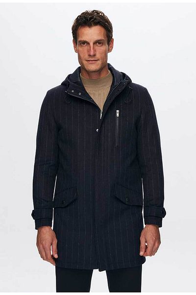 D'S Damat Παλτό από κασμίρ με κουκούλα Ds Damat Regular Fit Navy Blue ριγέ μαλλί με κουκούλα