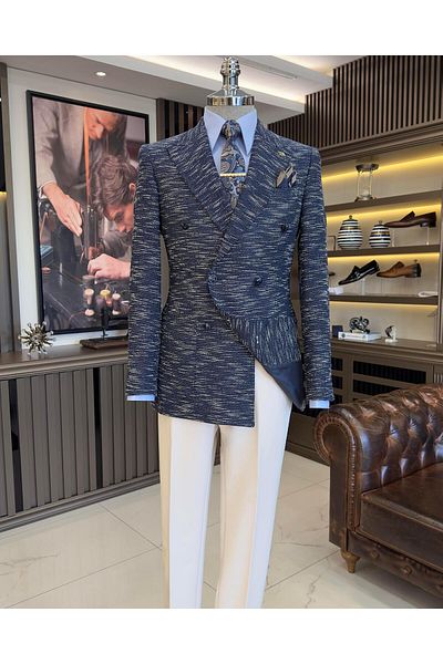 TerziAdemAltun Italian style slim fit double breasted men's jacket navy blue T10961