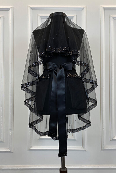 ZEYMERADE Siyah Pul Payet ve İncili Gelin Duvak Seti, Kına Gecesi Duvağı Alı ...