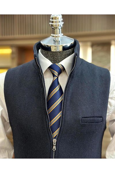 TerziAdemAltun Italian style dominant collar zippered pocket vest navy blue T10466