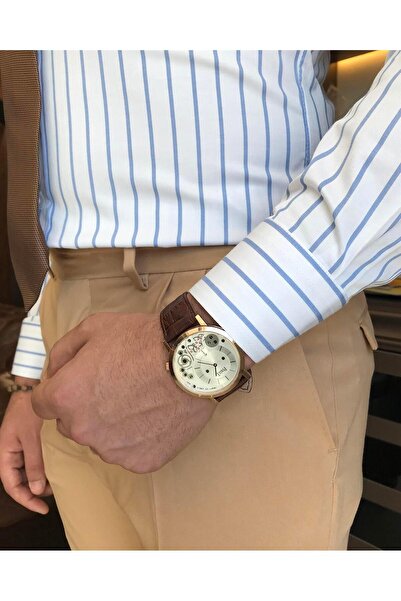 TerziAdemAltun Cămașă pentru bărbați cu guler stand în dungi slim fit în stil italian alb T9245