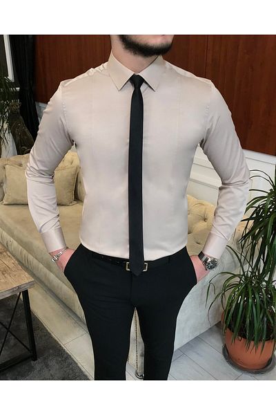 TerziAdemAltun Italian Style Slim Fit Men's Tie Collar Shirt Beige T6821
