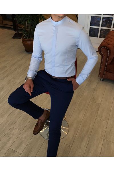 TerziAdemAltun Мъжка риза с италиански крой slim fit, с кръгло деколте, ледено синя, T4796
