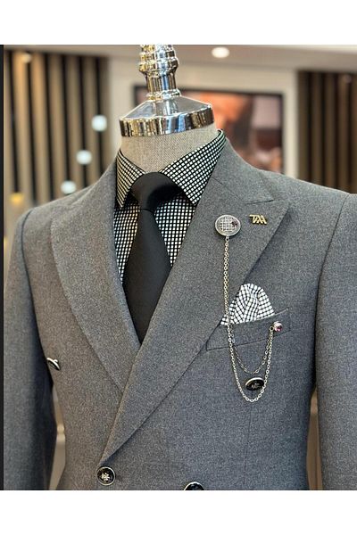 TerziAdemAltun Italian style slim fit double breasted men's jacket gray T10740