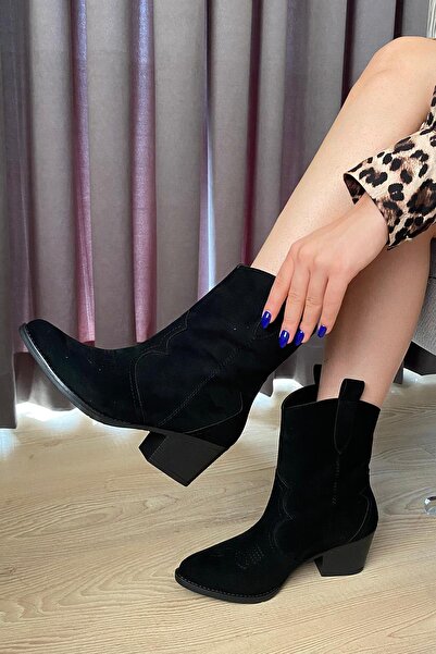 Preshley Γυναικείες μπότες Cowboy με κοντό τακούνι Vendy Black Suede