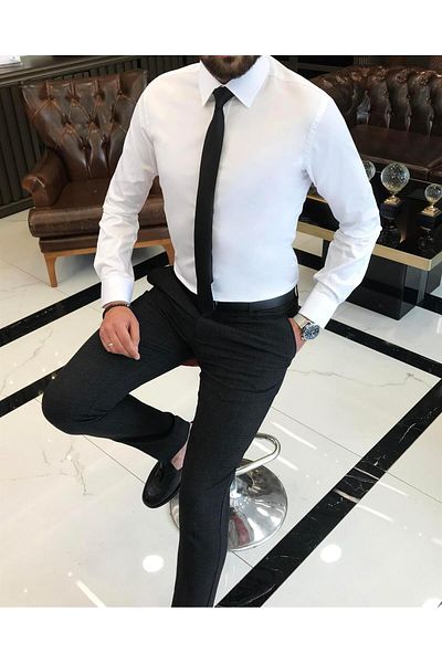 TerziAdemAltun Italian style slim fit satin cotton men's tie collar shirt white T9424