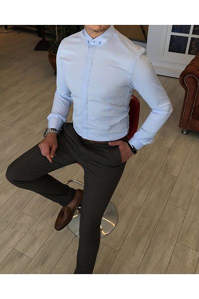 TerziAdemAltun Мъжка риза с италианска кройка slim fit с малка яка, в ледено син цвят T4799