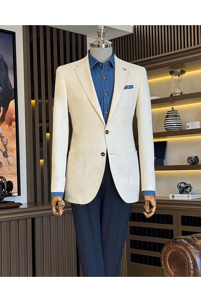 TerziAdemAltun Men's Slim Fit Mono Collar Bag Pocket Jacket - Cream T11505