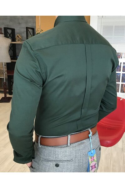 TerziAdemAltun Ανδρικό πουκάμισο σατέν με γιακά ιταλικού στυλ Slim Fit Πράσινο T4743