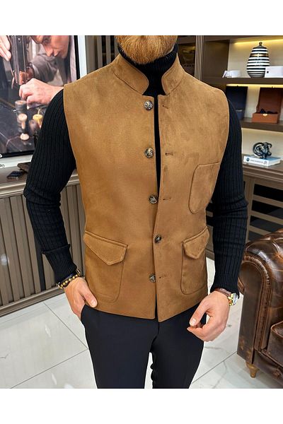 TerziAdemAltun Italian style slim fit hakim collar suede pocket vest brown T10255