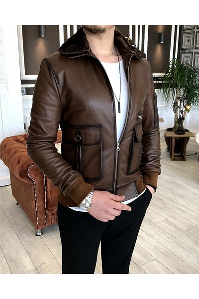 TerziAdemAltun 100% Original Lambskin Fur Collar Coat Leather Jacket Tan T5058