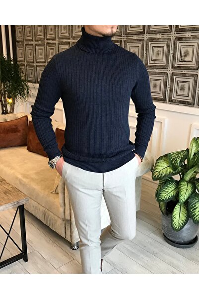 TerziAdemAltun Πλεκτό ιταλικού στυλ Πουλόβερ με ριμπ ζιβάγκο Navy Blue T5023