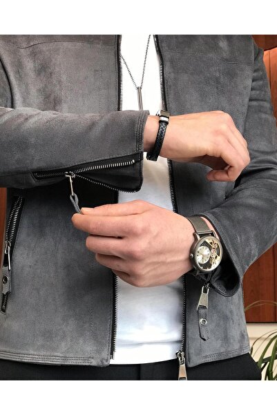 TerziAdemAltun Ανδρικό σουέτ παλτό εποχιακής λεπτής εφαρμογής ιταλικού στυλ γκρι T9175