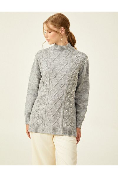 Kayra Gray Knitted Patterned Knitwear Tunic