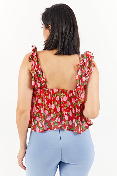 The Kooples Women Square Neck Sleeveless Floral Pattern Crop Top, Red Combo