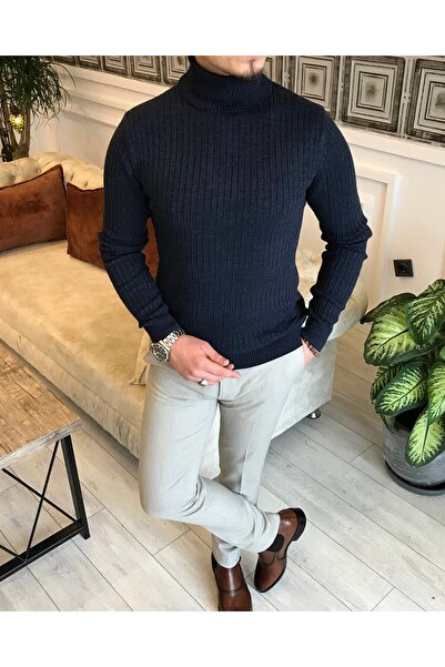 TerziAdemAltun Πλεκτό ιταλικού στυλ Πουλόβερ με ριμπ ζιβάγκο Navy Blue T5023
