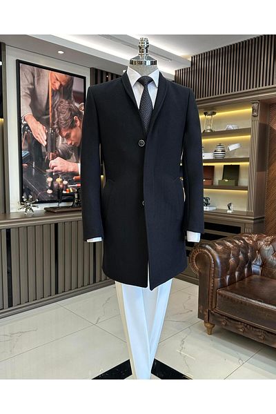 TerziAdemAltun Italian style slim fit collarless wool blended men's coat black T10991