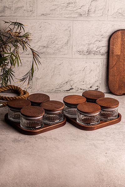 Snippy Bella 8-Piece Square Tray Glass Breakfast - Wooden Vacuumed Lid, Multi-Purpose Snack Bowl 235 ml