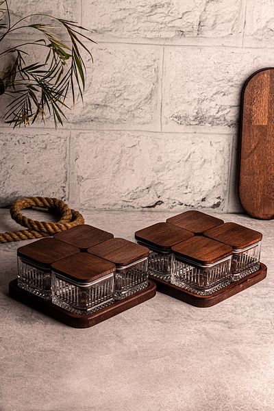 Snippy Bella Square 8-Piece Glass Snack Bowl - Wooden Vacuum, Square Tray, Glass Breakfast Bowl 230 ml